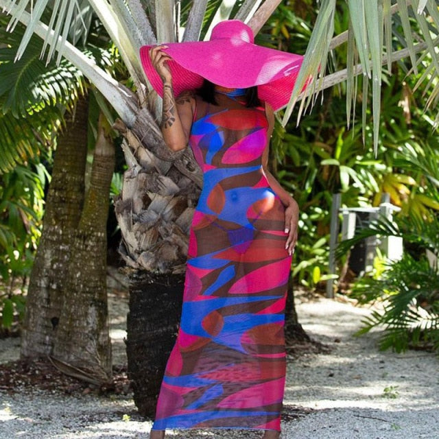 Ready for the Beach Abstract Print Sheer Maxi Dresses